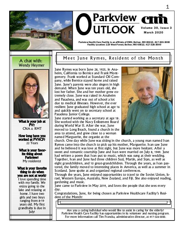 Parkview Healthcare Facility's Parkview Outlook March 2020