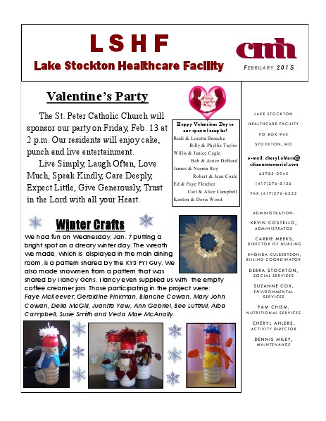 Lake Stockton Healthcare Facility eNewsletter February 2015