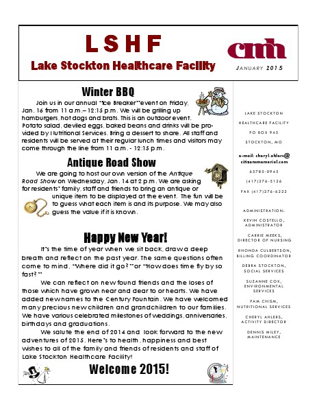 Lake Stockton Healthcare Facility eNewsletter January 2015