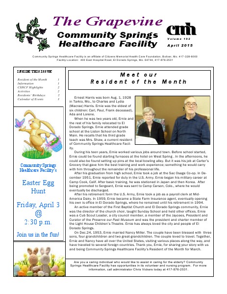 Community Springs Healthcare Facility's The Grapevine April 2015
