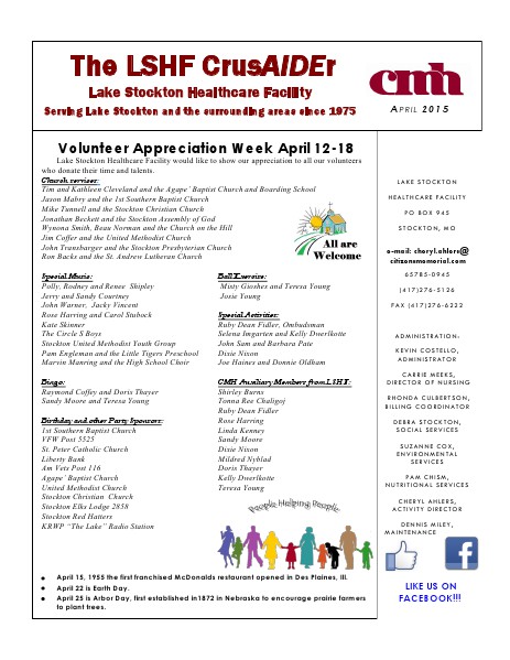 Lake Stockton Healthcare Facility eNewsletter April 2015