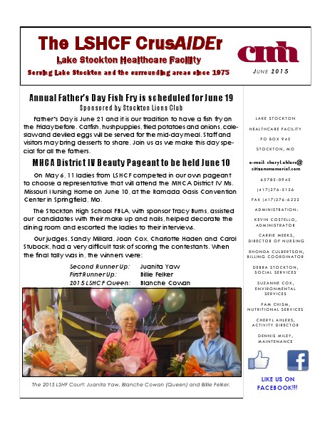 Lake Stockton Healthcare Facility eNewsletter June 2015
