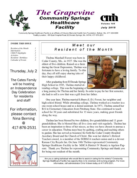 Community Springs Healthcare Facility's The Grapevine July 2015