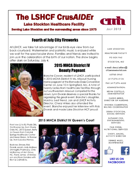 Lake Stockton Healthcare Facility eNewsletter July 2015
