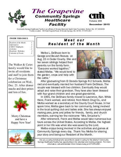 Community Springs Healthcare Facility's The Grapevine December 2015