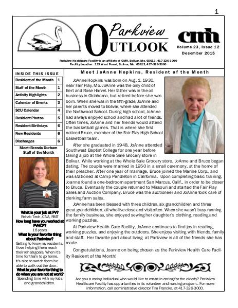 Parkview Healthcare Facility's Parkview Outlook December 2015