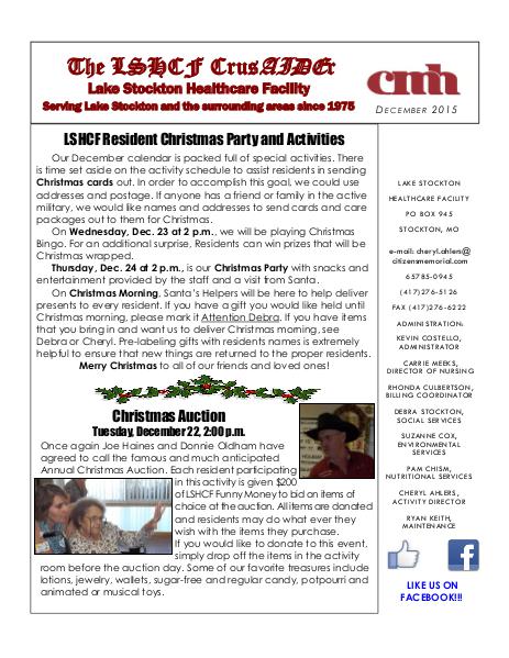Lake Stockton Healthcare Facility eNewsletter December 2015