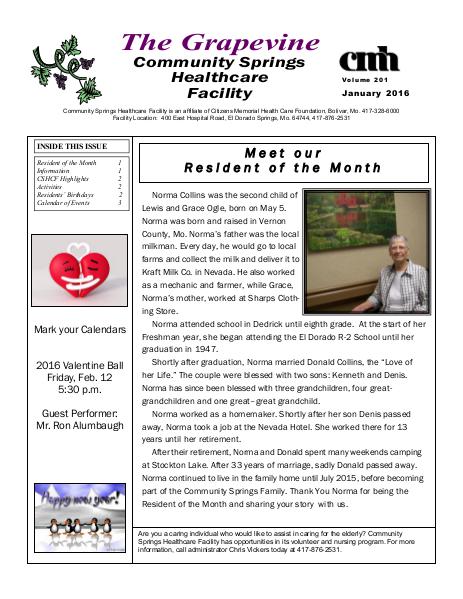 Community Springs Healthcare Facility's The Grapevine January 2016