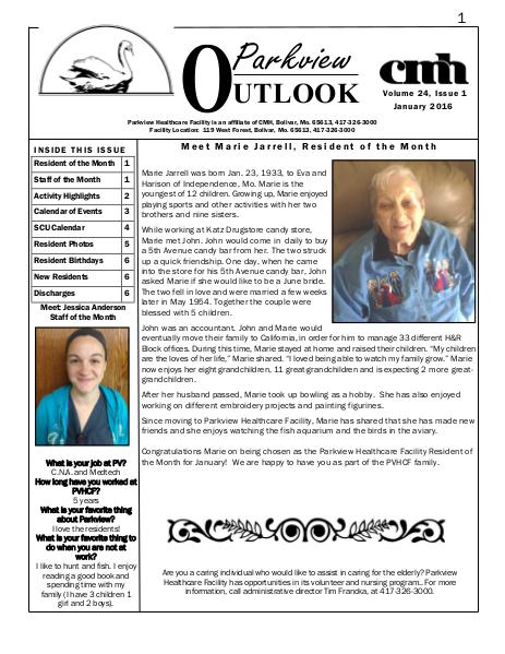 Parkview Healthcare Facility's Parkview Outlook January 2016