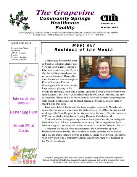 Community Springs Healthcare Facility's The Grapevine March 2016