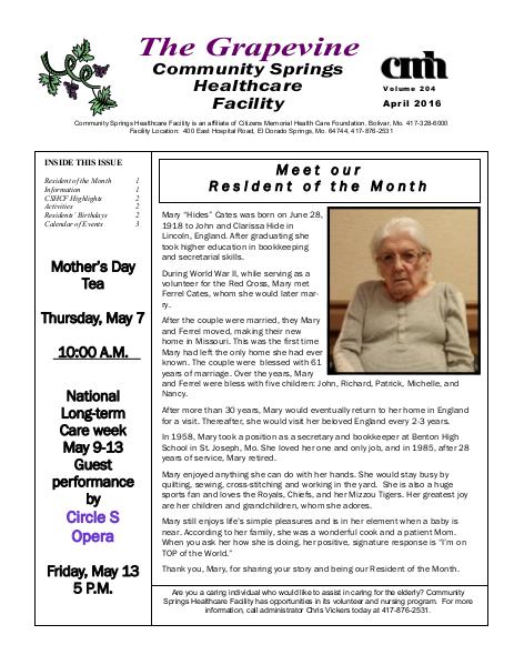 Community Springs Healthcare Facility's The Grapevine April 2016