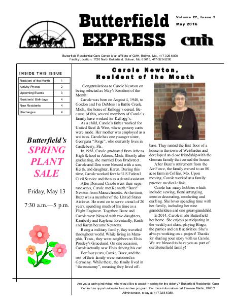 Butterfield Residential Care Center's Butterfield Express May 2016