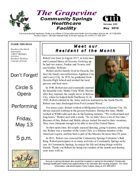 Community Springs Healthcare Facility's The Grapevine May 2016