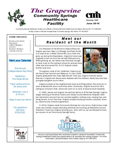 Community Springs Healthcare Facility's The Grapevine June 2016