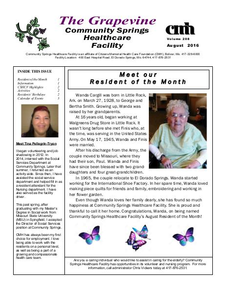 Community Springs Healthcare Facility's The Grapevine August 2016