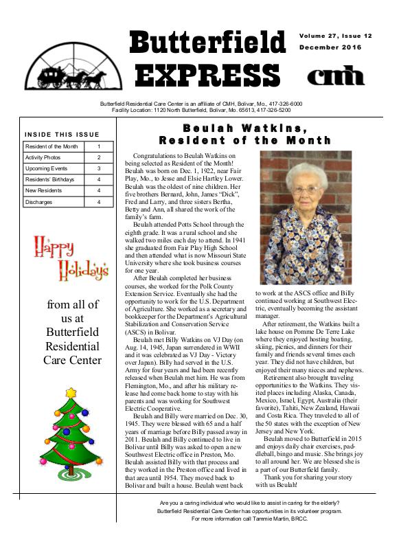 Butterfield Residential Care Center's Butterfield Express December 2016