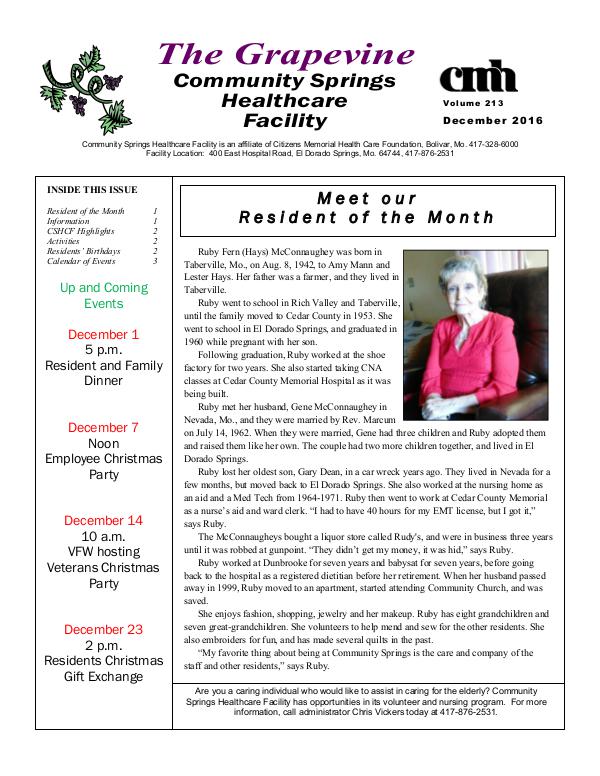 Community Springs Healthcare Facility's The Grapevine December 2016