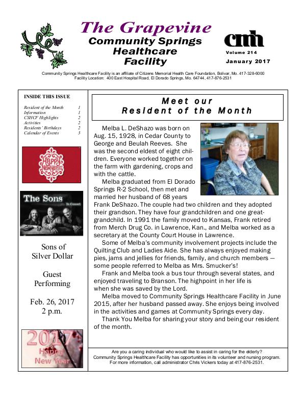Community Springs Healthcare Facility's The Grapevine January 2017