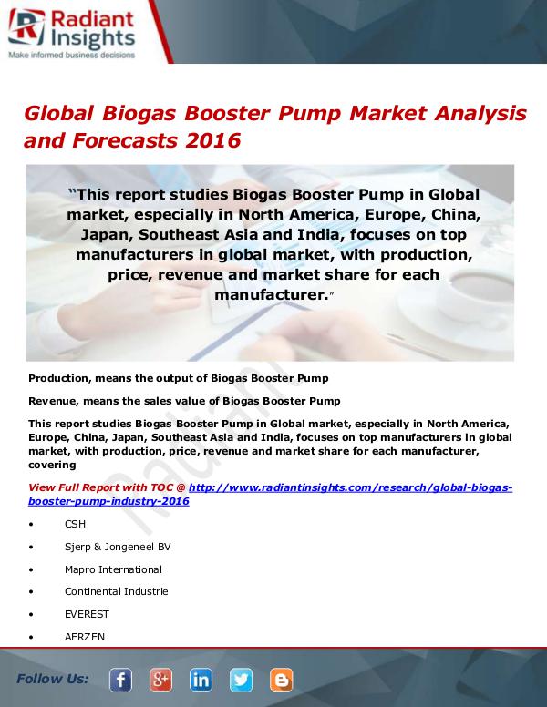 Electronics Research Reports by Radiant Insights Global Biogas Booster Pump Market