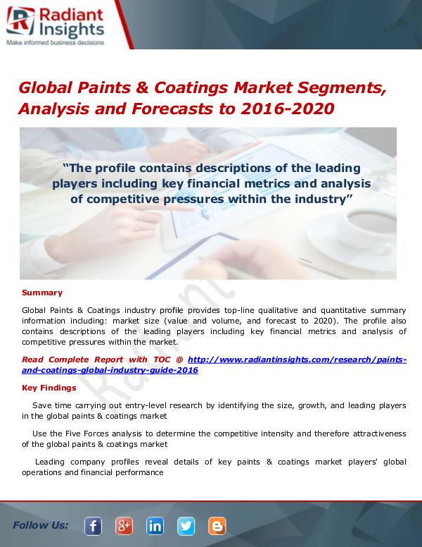 Chemicals and Materials Research Reports Global Paints & Coatings Market