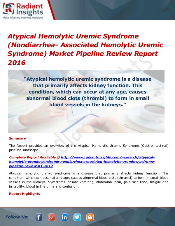 Pharmaceuticals and Healthcare Reports Atypical Hemolytic Uremic Syndrome (Nondiarrhea- A