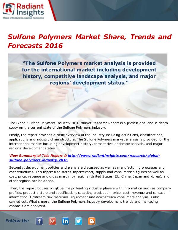 Chemicals and Materials Research Reports Sulfone Polymers Market Size, Share, Growth, Trend