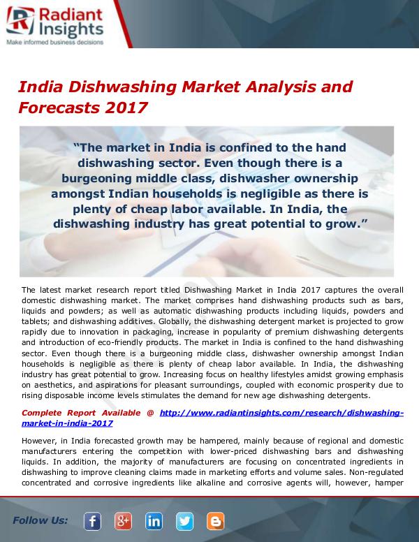 Consumer Goods Research Reports by Radiant Insights India Dishwashing Market Size, Share, Growth, Tren