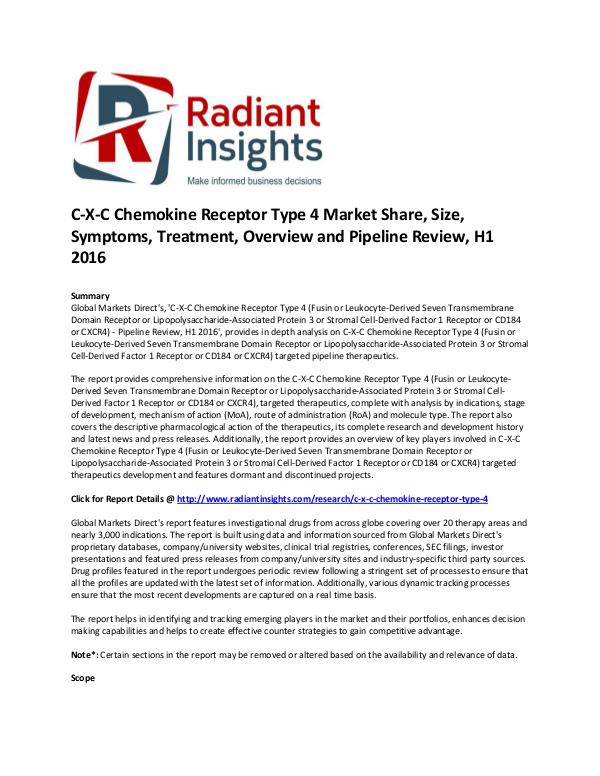 C-X-C Chemokine Receptor Type 4 Market Share, Symptoms, 2016 C-X-C Chemokine Receptor Type 4 Market