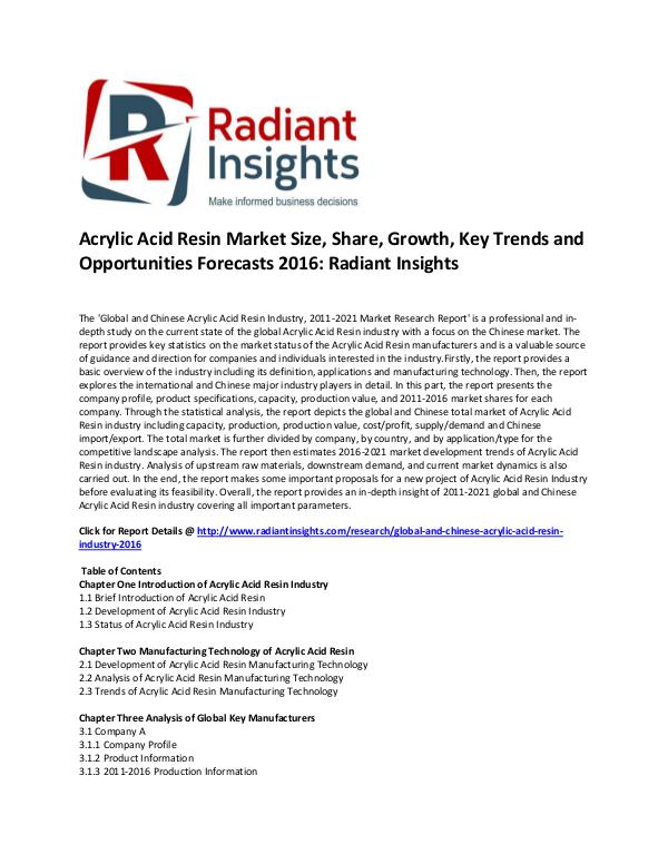 Acrylic Acid Resin Market Analysis, Key Trends, Opportunities 2016 Global and Chinese Acrylic Acid Resin Industry