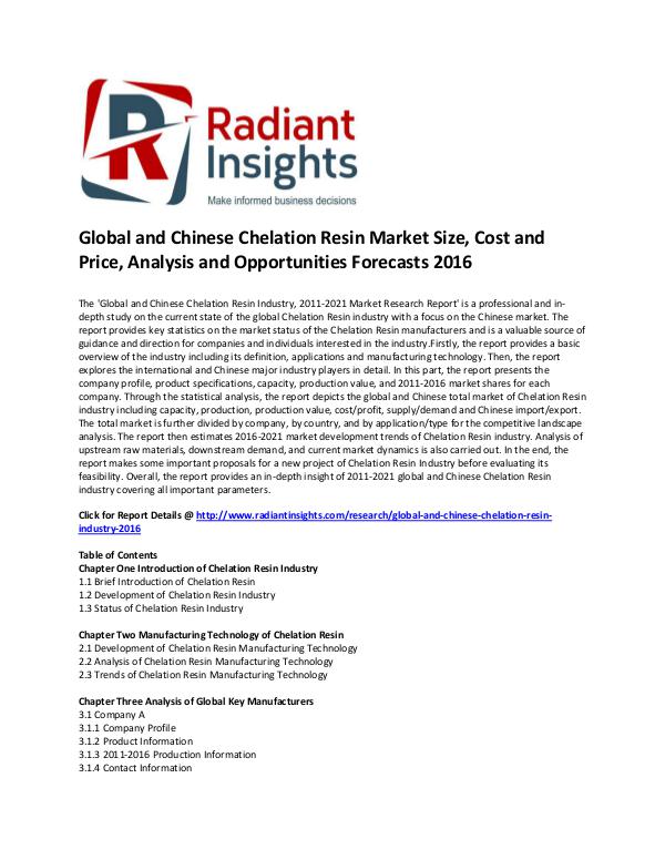 Chelation Resin Market Size, Share and Opportunities Forecasts 2016 Global and Chinese Chelation Resin Market