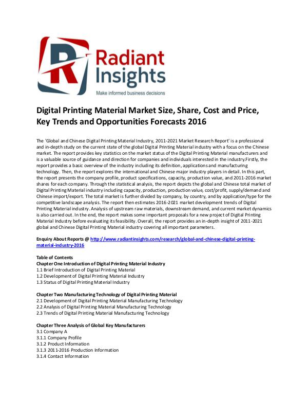 Digital Printing Material Market Cost and Price, Analysis 2016 Global and Chinese Digital Printing Material Marke
