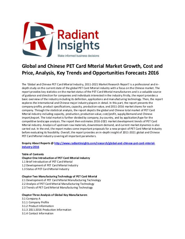 PET Card Mterial Market Share, Growth, Cost and Price, Analysis 2016 Global and Chinese PET Card Mterial Market