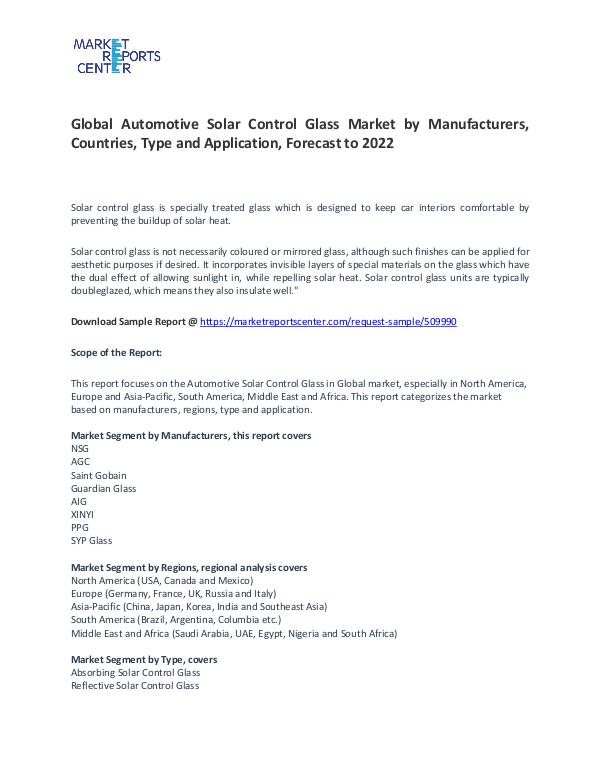 Automotive Solar Control Glass Market Research Report Forecasts Automotive Solar Control Glass Market