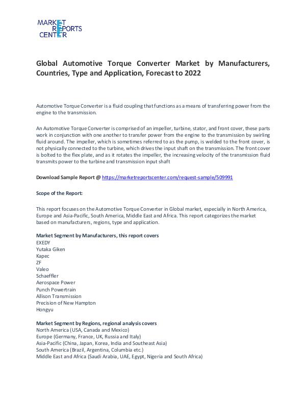 Automotive Torque Converter Market Research Report Forecasts To 2022 Automotive Torque Converter Market