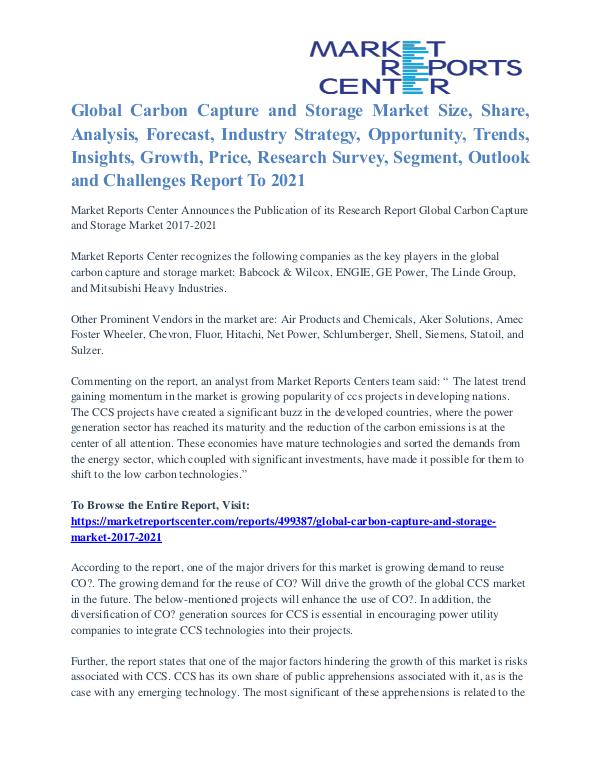 Carbon Capture and Storage Market Major Players Analysis Till 2021 Carbon Capture and Storage Market