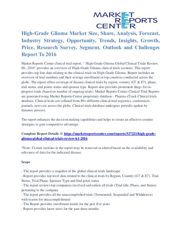 High-Grade Glioma Market Major Players Analysis and Forecast to 2016 High-Grade Glioma Global Clinical Trials Review