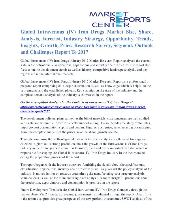 Intravenous (IV) Iron Drugs Market Future Trends And Analysis To 2017 Intravenous (IV) Iron Drugs Market