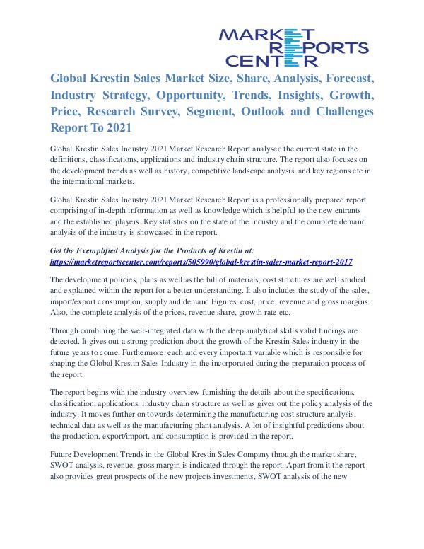 Krestin Sales Market Growth Opportunities & Restraints to 2021 Global Krestin Sales Market