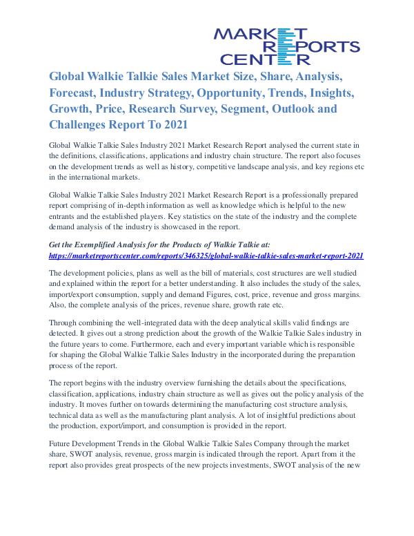Walkie Talkie Sales Market Analysis, Demand And Forecast To 2021 Walkie Talkie Sales Market
