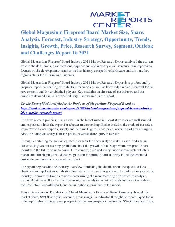 Magnesium Fireproof Board Market Growth Drivers & Analyses By 2021 Magnesium Fireproof Board