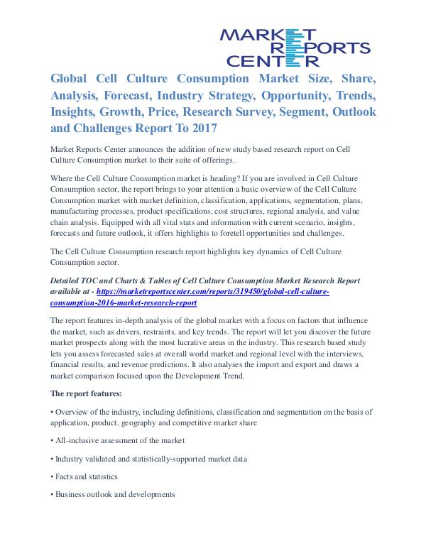 Cell Culture Consumption Market Price Trends And Segment To 2017 Cell Culture Consumption 2016 Market