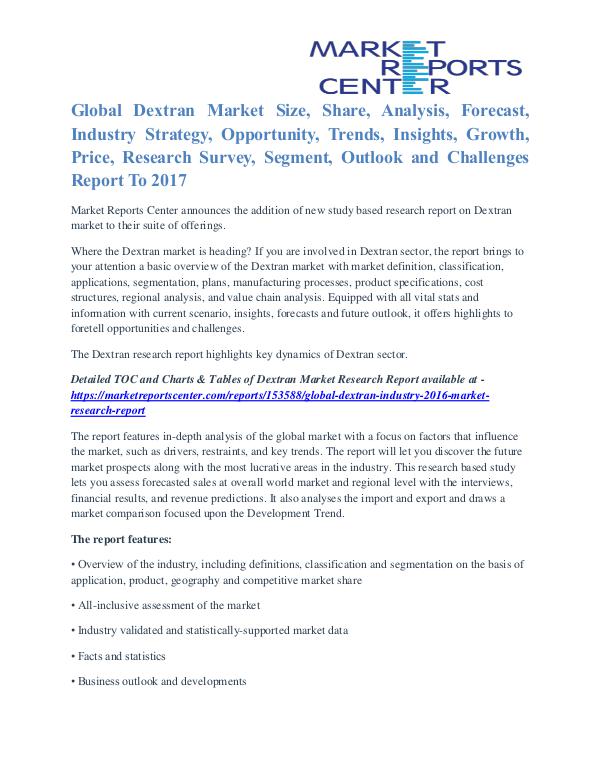 Dextran Market Business Outlook and Procurement Survey To 2017 Dextran Industry