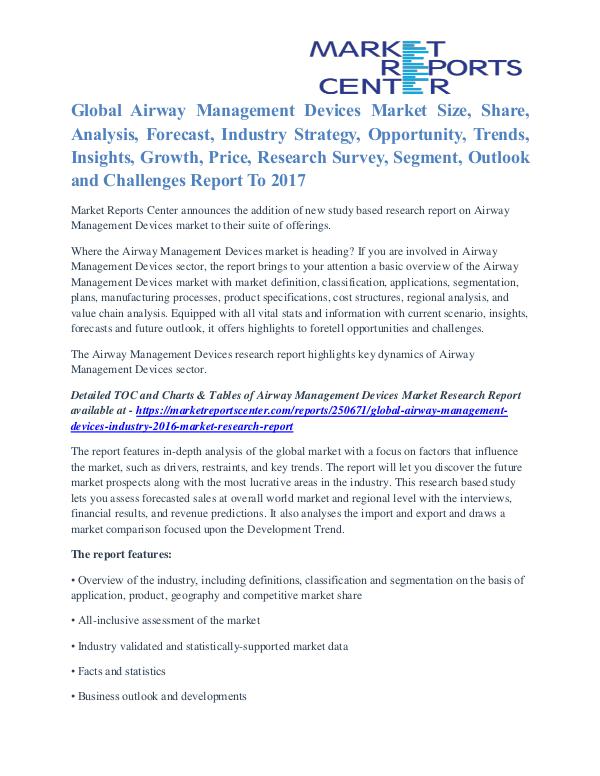 Airway Management Devices Market Analysis, Growth Opportunities 2017 Airway Management Devices Industry