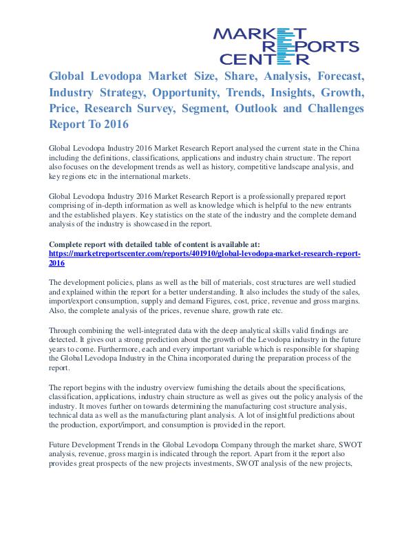 Levodopa Market Size, Industry Analysis Report To 2016 Levodopa Market