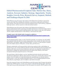 Pharmaceutical Excipients Sales Market Outlook And Research 2016