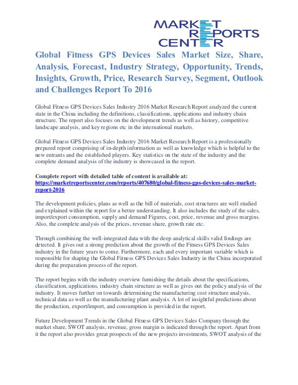 Fitness GPS Devices Sales Market Cost and Revenue Report To 2016 Fitness GPS Devices Sales Market