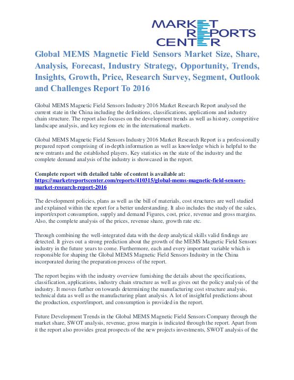 MEMS Magnetic Field Sensors Market Analysis, Share and Forecast 2016 MEMS Magnetic Field Sensors Market