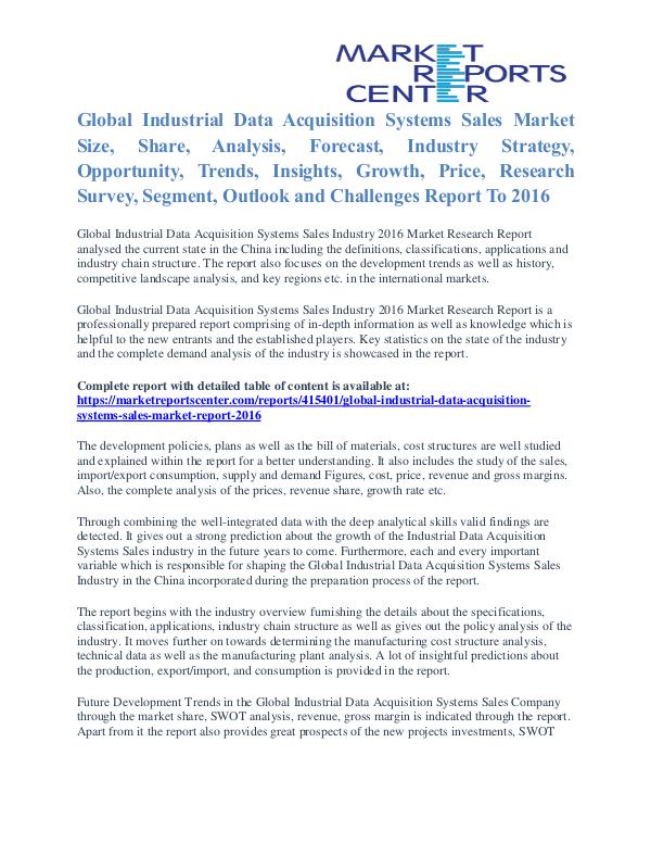Industrial Data Acquisition Systems Sales Market Analysis To 2016 Industrial Data Acquisition Systems Sales Market