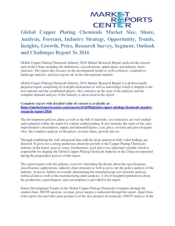 Copper Plating Chemicals Market Share, Growth, Opportunity To 2016 Copper Plating Chemicals Market