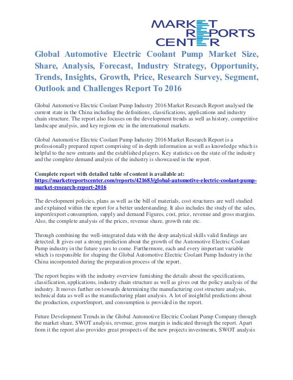 Automotive Electric Coolant Pump Market Cost and Revenue Report 2016 Automotive Electric Coolant Pump Market